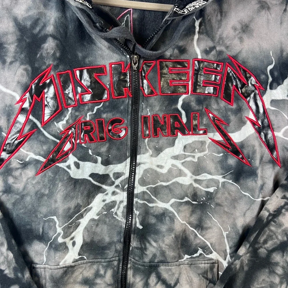 Y2K Mishkeen Original Black Tie Dye Lightning Zip Up Hoodie Mens XL Metal Logo